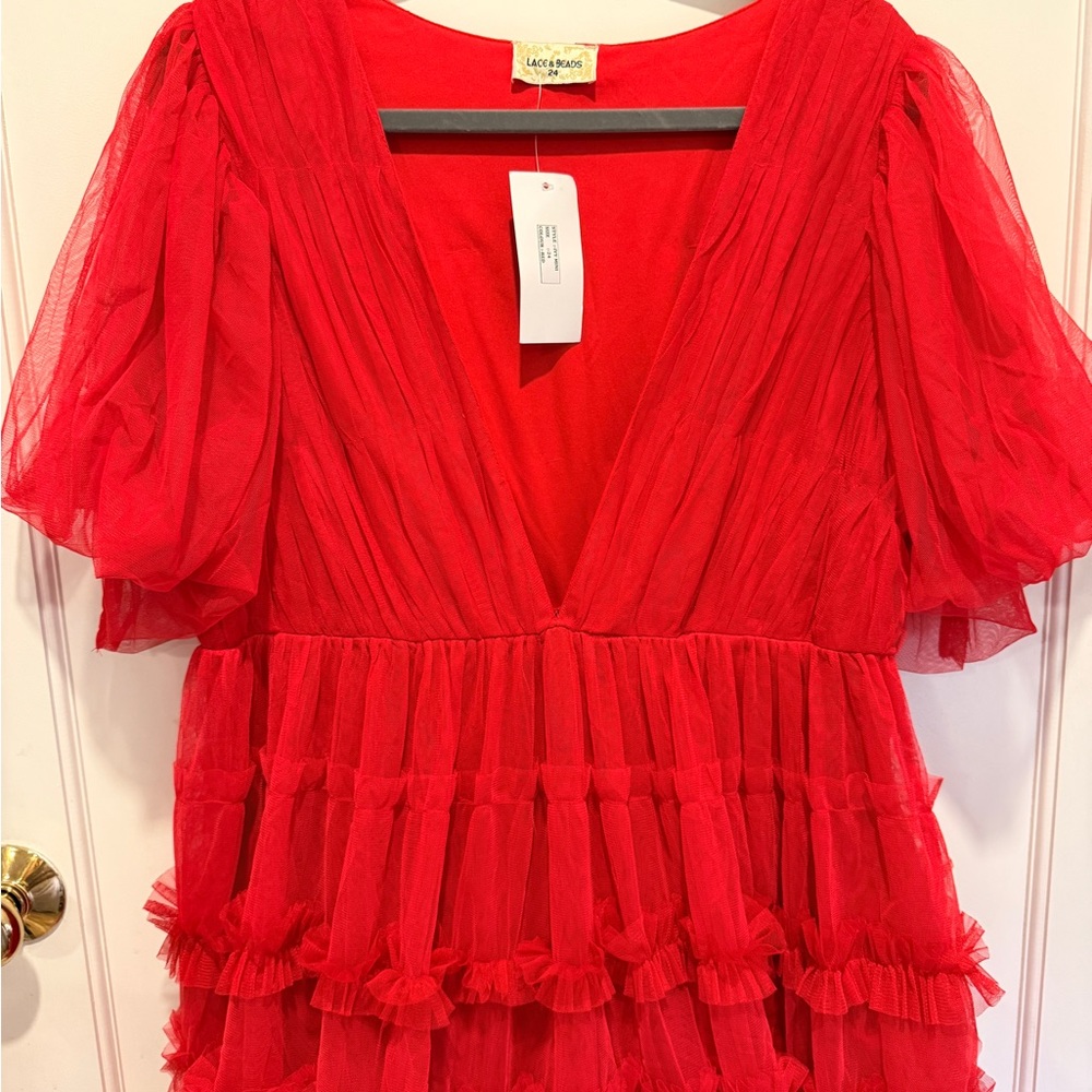 Chic Red Ruffled Prom Dress - Picture 2 of 6